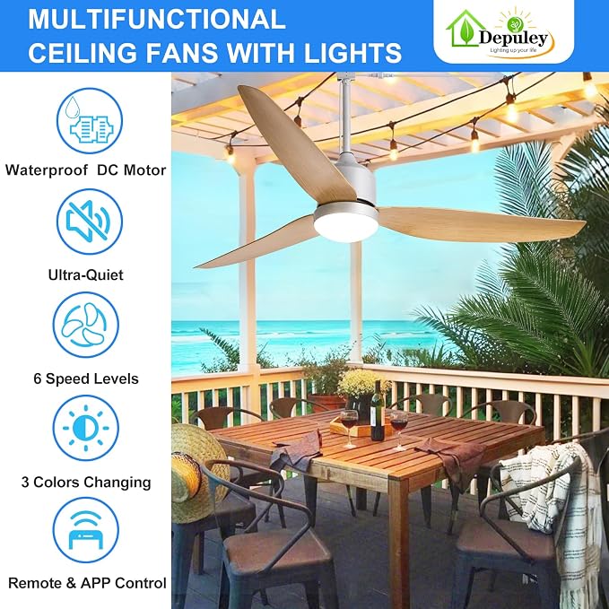Depuley Outdoor Ceiling Fan with Light: 52 Inch Nickel Waterproof Gazebo Fans with Lights Outdoor Hanging - Plug in Remote App Control for Patio Indoor Farmhouse Porch - 6 Speed Reversible DC Motor
