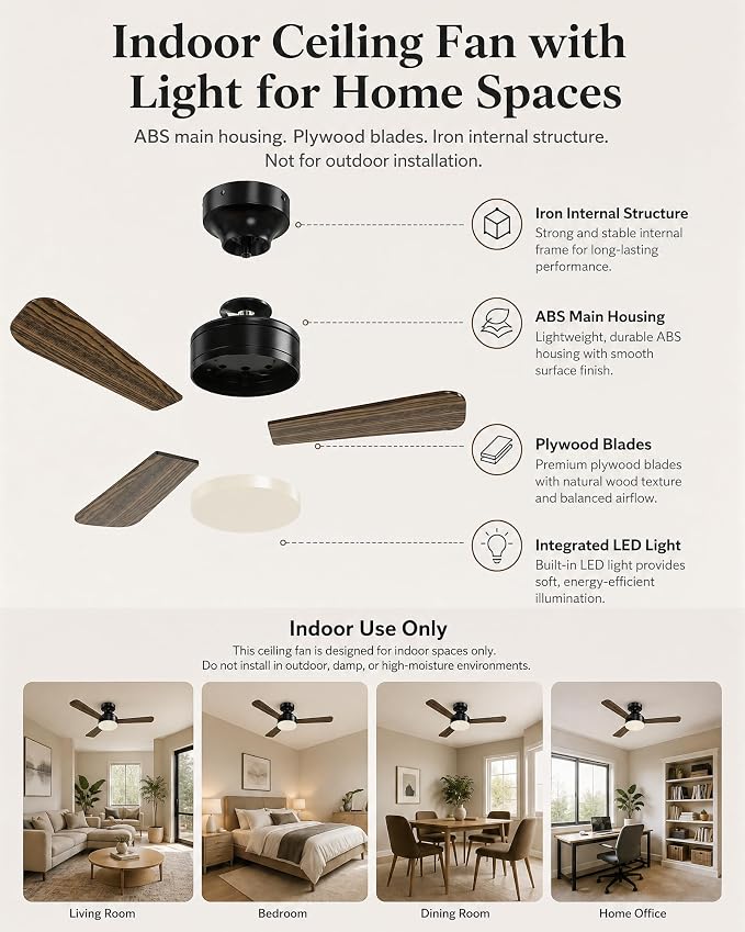 Ceiling Fans with Lights, 52 Inch Brown Indoor Fan with Remote and App Control, Dimmable LED Light, 6 Speeds, Reversible Airflow, Low Noise for Bedroom Living Room Kitchen