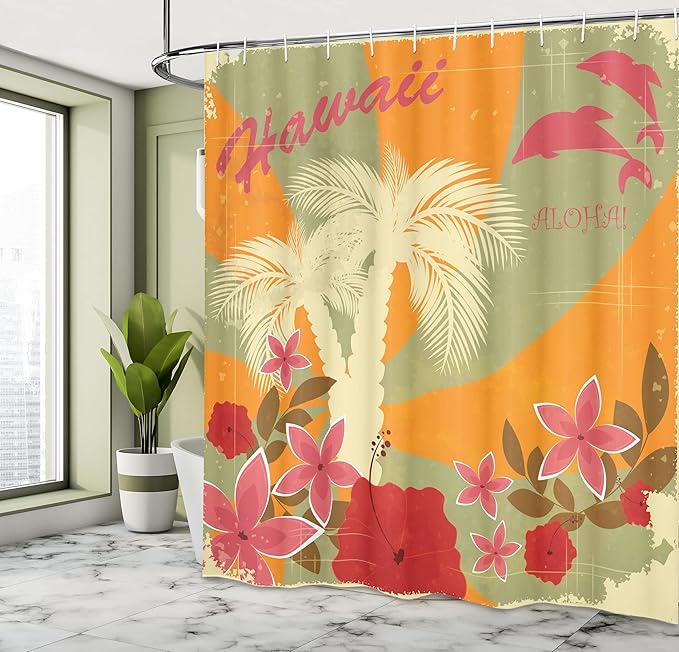 Ambesonne Hawaiian Shower Curtain, Aloha Vintage Print Colorful Swirl Backdrop Dolphins Palm Trees Flowers, Cloth Fabric Bathroom Decor Set with Hooks, 69" W x 70" L, Green Marigold