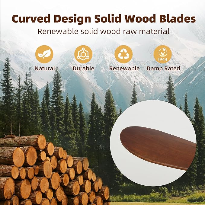 Outdoor Ceiling Fan Without Light, 60 Inch Smart Ceiling Fan with Remote & Voice Control for Alexa/Google, 3-Blade Wood Fan, Quiet DC Motor, 6 Speeds for Patio, Porch, Farmhouse, Dark Walnut