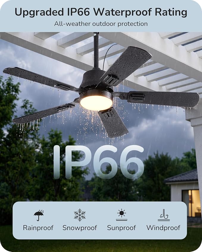 EDISHINE 42" Outdoor Ceiling Fan with Light, IP66 Waterproof Gazebo Hanging Fan, 4800 CFM, 3CCT, APP/Remote Control, 5 Wood Blade, 6-Speed Winds, Plug in Ceiling Fans for Patios Porch Pergola, Black