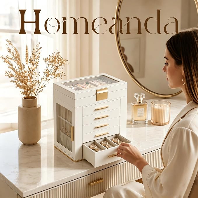 Homeanda 6-Layer Jewelry Boxes for Women, Large PU Leather Storage Organizer with 5 Drawers Glass Lid Case for Rings Necklaces Earrings Bracelets Watches, Gift for Wife and Girls (Beidge)
