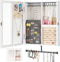 Keebofly Wall Jewelry Organizer Cabinet with Mirror,Rustic Wood Storage for Necklaces, Earrings, Bracelets & Rings, Large-Capacity Hanging Cabinet – White