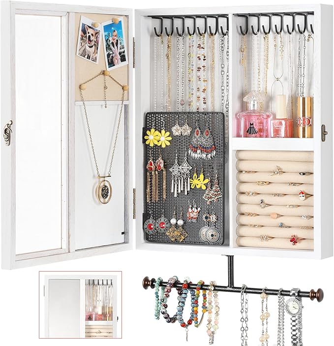 Keebofly Wall Jewelry Organizer Cabinet with Mirror,Rustic Wood Storage for Necklaces, Earrings, Bracelets & Rings, Large-Capacity Hanging Cabinet – White