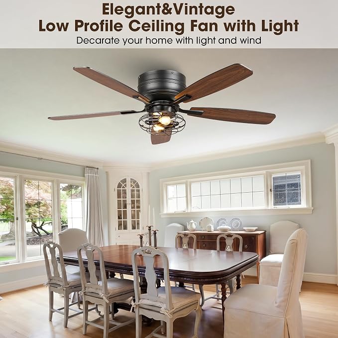 48" Flush Mount Farmhouse Ceiling Fans with Lights and Remote, 6-Speed Quiet Reversible Motor, Timing Function Low Profile Ceiling Fan for Bedroom Living Room Patio