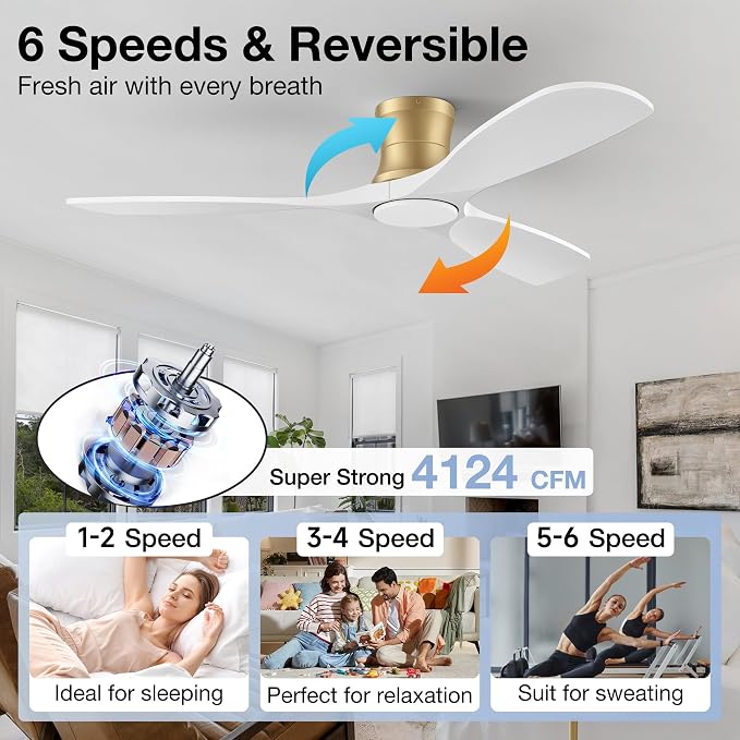 52 Inch Wood Ceiling Fans with Lights and Remote,Low Profile Flush Mount Ceiling Fan with Light,Outdoor Indoor Modern Ceiling fan for Bedroom Living room Patio,White and Gold,3 Blades,Reversible,Quiet