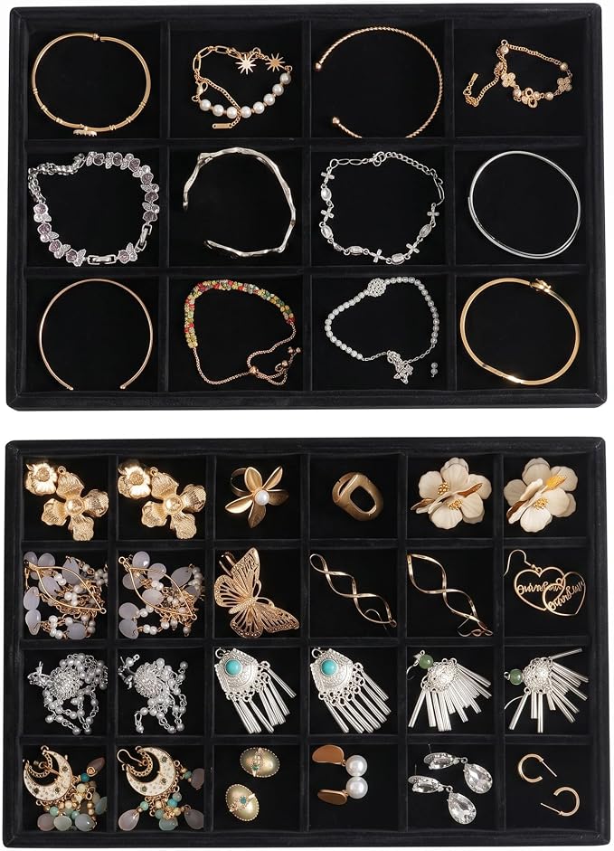 Frebeauty Jewelry Trays for Drawer,Set of 2 Jewelry Organizer and Storage | Velvet Material,Stackable,Adjustable Dividers,Drawer Inserts for Rings Studs Bracelet,Earring Organizer for Women Girls