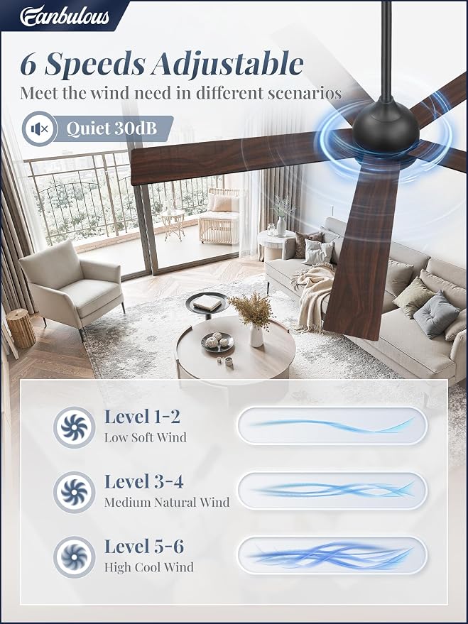 52 Inch Ceiling Fan no Light, Black Ceiling Fan with Remote, 6-Speeds, Quiet Reversible DC Motor, Small Ceiling Fans without Lights for Bedroom, Living Room, Patio, Indoor/Outdoor Use