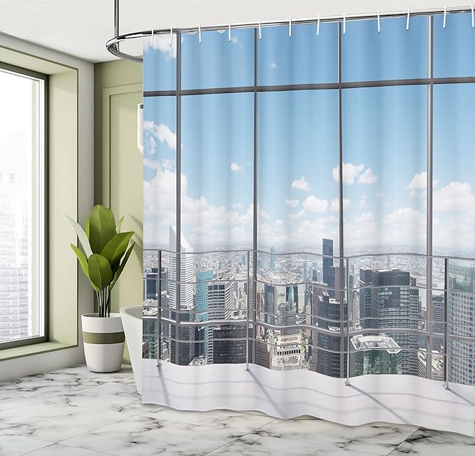 Ambesonne Urban Shower Curtain, Modern Office Work Place View to City Architecture Contemporary Plan, Cloth Fabric Bathroom Decor Set with Hooks, 69" W x 70" L, Grey White Blue