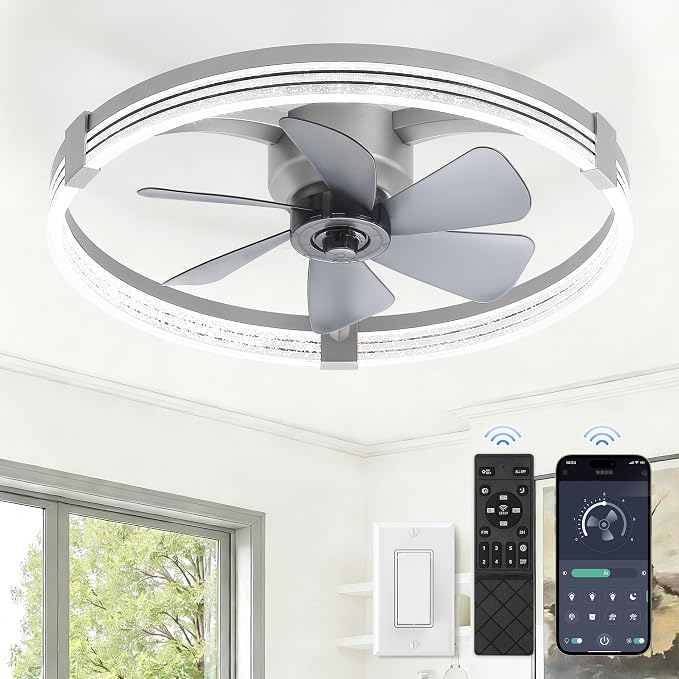 ZMISHIBO Low Profile Ceiling Fans with Lights, Flush Mount Modern Ceiling Fan and Remote Control, 23" LED Ceiling Fans, Stepless Dimmable 3 Colors and 6 Speeds (Grey, 23")