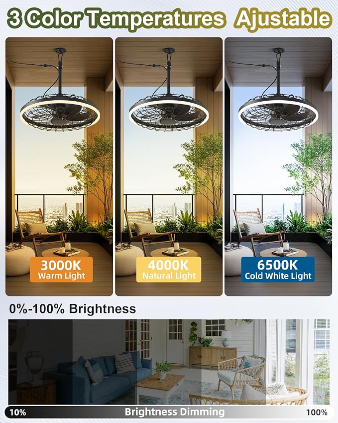 20" Gazebo Fan With Light Waterproof Ceiling Fan,5 Blade,Dimmable Color,3CCT,Alexa/Google,Dark Walnut Plug In Caged Outdoor Fan for Patio Backyard Family Reunions Parties