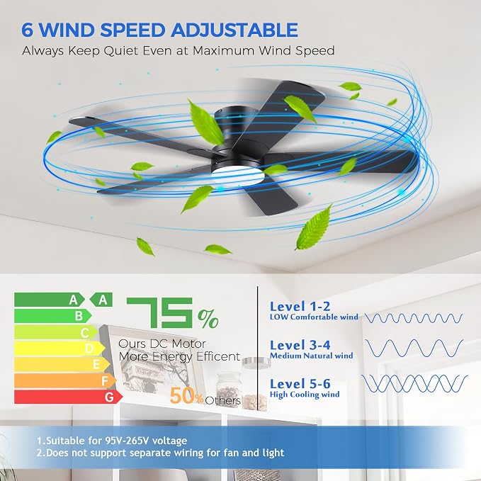 Ayaoty 52" Black Ceiling Fans with Lights- Flush Mount Fan Light with 5 Reversible Blades, 3CCT Dimmable, DC, Low Profile Ceiling Fan for Modern Indoor, Covered Outdoor