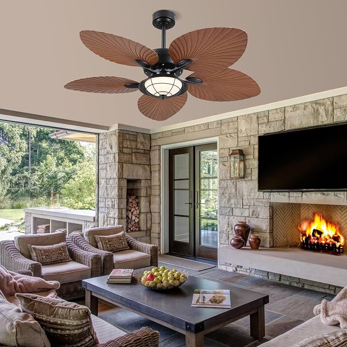 52"Waterproof Outdoor Palm Leaf Ceiling Fans with Lights and Remote/APP | IP44 Wet-rated,Reversible 6 Wind Speeds,Dimmable 3CCT LED,40W Quiet DC Motor,1/4/8H Timer,Suits for Living Room Bedroom Patio