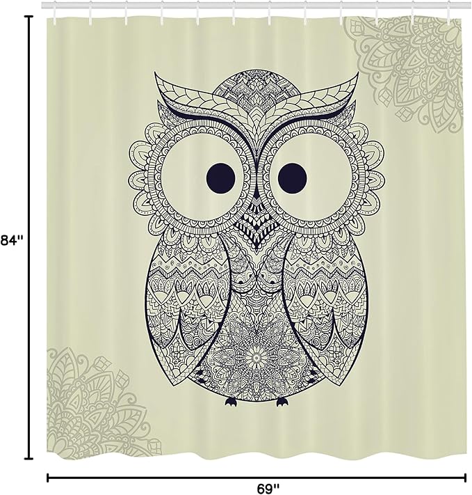 Ambesonne Ethnic Shower Curtain, Design Illustration Owl with Flowers Owl Bird Ornamental Pattern, Cloth Fabric Bathroom Decor Set with Hooks, 69" W x 84" L, Blue Eggshell