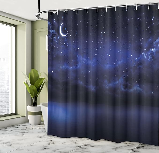 Ambesonne Night Sky Shower Curtain, Starry Cartoon Design Sky with Lunar Moon and Stars Clouds Sea Scenery, Cloth Fabric Bathroom Decor Set with Hooks, 69" W x 84" L, Dark Blue and White
