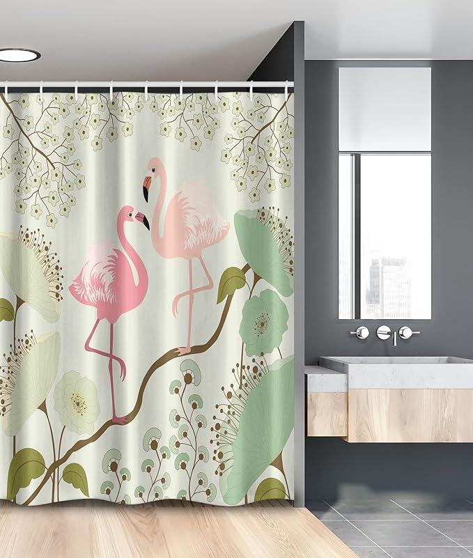 Ambesonne Peacock Stall Shower Curtain, Blossoming Floral Background with Pair of Flamingos on Tree Branch, Fabric Bathroom Decor Set with Hooks, 54" W x 78" L, Green Salmon