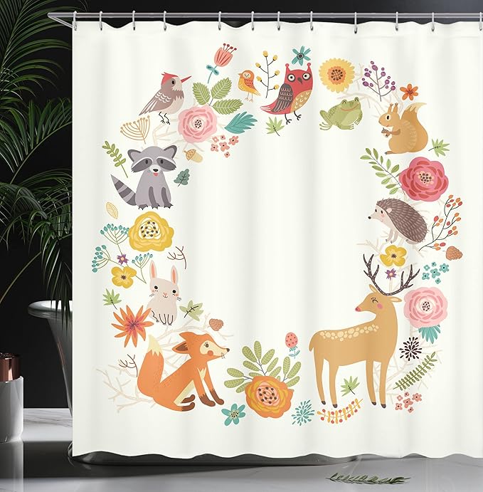 Ambesonne Forest Shower Curtain, European Forest Fauna and Flora with Deer Fox Raccoon and Roses Cartoon Wildlife, Cloth Fabric Bathroom Decor Set with Hooks, 69" W x 70" L, Ecru Mustard