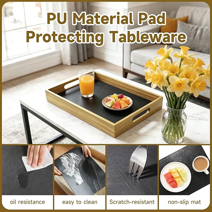 17 x 12 Inch Acacia Wood Large Serving Tray with Handles | Large Wood Tray for Drinks, Food, Ottoman & Breakfast in Bed, Leather Mat Included