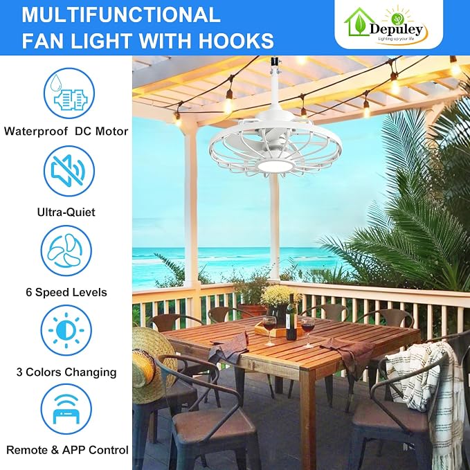 Depuley Gazebo Fans Outdoor Hanging: 20 Inch White Plug In Caged Outdoor Fan with Light and APP Remote Control - Waterproof Ceiling Fan for Patio Porch Pergola Reversible DC Motor