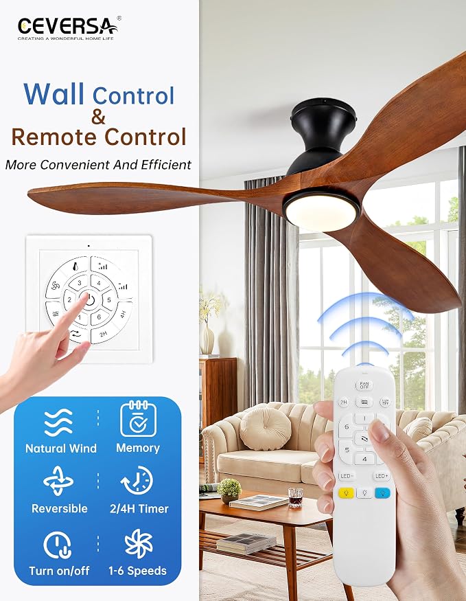 52 Inch Low Profile Ceiling Fans with Lights and Remote, Flush Mount Wood 3 Blade Ceiling Fan,Dimmable,Quiet Noiseless DC Motor for Patios,Living Room,Bedroom(Wall Control Switch)