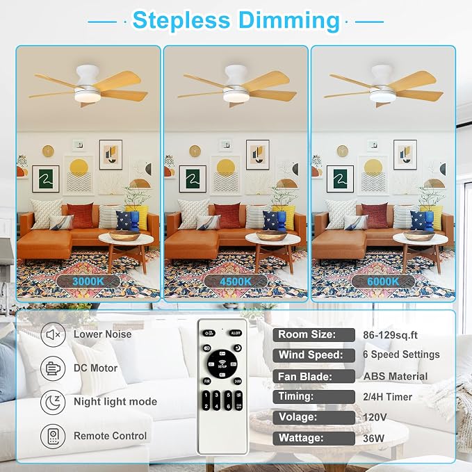 Depuley Modern Ceiling Fan with Light: 35-Inch White Small Fans for Bedroom Indoor Outdoor - Dimmable Low Profile Ceiling Fans with Remote Control Flush Mount 5 Reversible Wood Blades 6 Speeds Timer