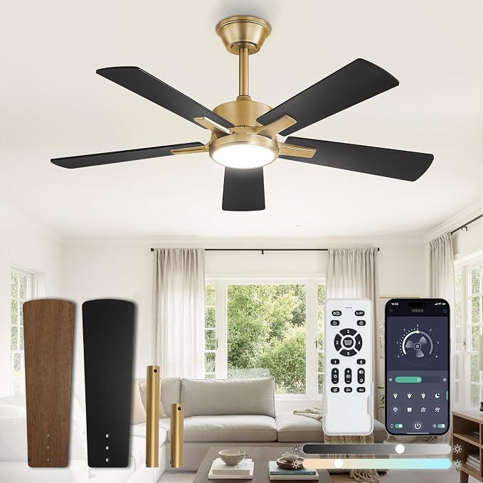 Fanbulous 42 Inch Black and Gold Ceiling Fans with Lights and Remote, Stepless Color Temperature Change & Dimmable 20W LED Ceiling Fan, 6 Speeds Reversible Quiet DC Motor for Bedroom, Living Room