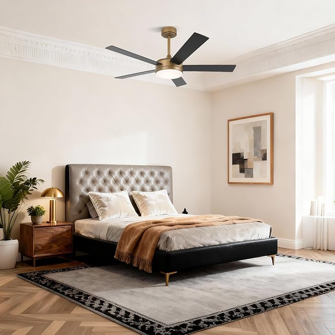 48 Inch Gold Ceiling fans with Lights and Remote/APP, Modern Black and Gold Ceiling Fan for Indoor Bedroom Living Room with 3CCT, Reversible DC Motor, 6 Speeds, Timer, 5 Wood Grain Blades