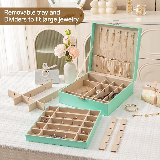 Frebeauty 50 Grid Earring Holder Organizer,2 Layer Jewelry Box for Women | Faux Leather,Velvet Lining,Adjustable Divider,Jewelry Organizer for Ring Necklace and Bracelet,for Home Use and Jewelry Store