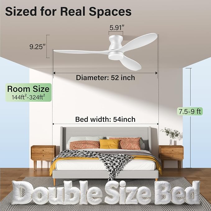 52" Wood Ceiling Fans with Lights Remote,Smart Control via Wifi Alexa APP,Quiet DC Motor,Modern Flush Mount Hugger Ceiling Fan for Low Profile Bedroom,Patio,Matte White,Outdoor Indoor,3 Blade,Dimmable