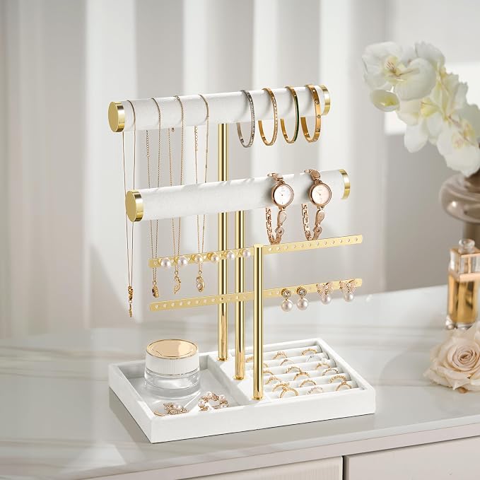 Jewelry Organizer Stand for Necklaces, Bracelets, Earrings, Rings, White | 3 Tier Velvet Bracelet Holder Display | Jewelry Organizers and Storage | Jewelry Tree | Jewelry Towers