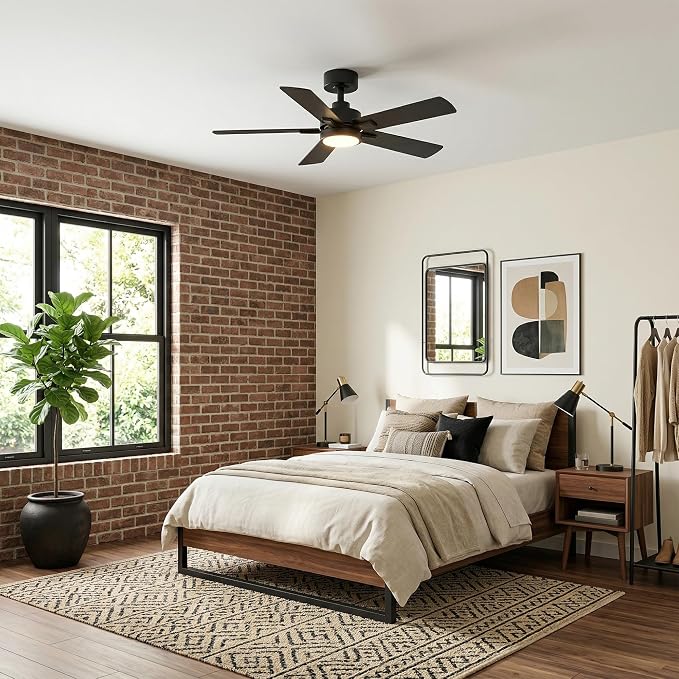 Ceiling Fans with LED Lights, 42 Inch 5-Blade Black Ceiling Fan Remote Control, Modern Ceiling Fan with Reversible DC Motor, Downrod Mount LED Ceiling Fan Light for Living Room Bedroom