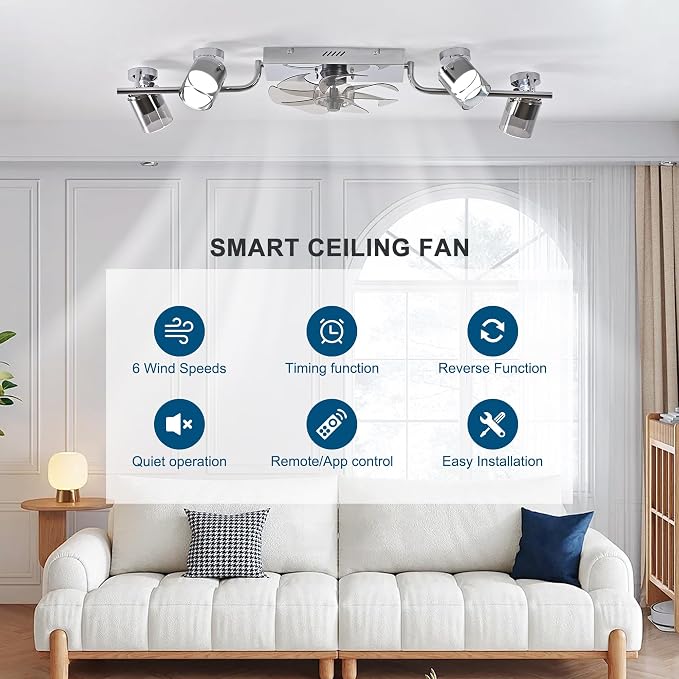 Qcyuui Ceiling Fans with Lights and Remote,39.4" Low Profile Ceiling Fan Dimmable Fandelier Ceiling Fan with Light 360° Rotatable Lightheads Modern Flush Mount LED Fan Light for Bedroom Kitchen