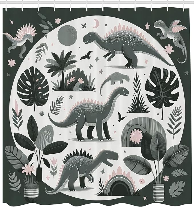 Ambesonne Dinosaur Shower Curtain, Dreamy Exotic Monstera Leaves and Jurassic Animals with Flowery Joy, Cloth Fabric Bathroom Decor Set with Hooks, 69" W x 75" L, Grey Teal Off White Rose