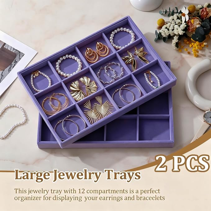 Large Velvet Jewelry Tray 2 Pack Stackable Jewelry Display Drawer Inserts Trays Organizer for Earring Bracelet Necklace Ring (Purple, 12 Grids)
