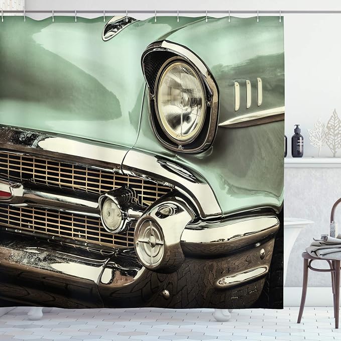 Ambesonne 1950s Shower Curtain, Closeup Shot Retro Styled Car Image Front of Green Antique Automobile American Bumper Polished Look, Cloth Fabric Bathroom Decor Set with Hooks, 69" W x 75" L, Green