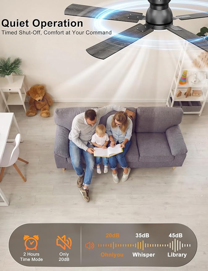 Ohniyou Ceiling Fans with Lights, 52 Inch Low Profile Ceiling Fan with Light and Remote/APP Control, Flush Mount, Dimmable, Quiet DC Motor, Black Ceiling Fan for Bedroom, Living Room