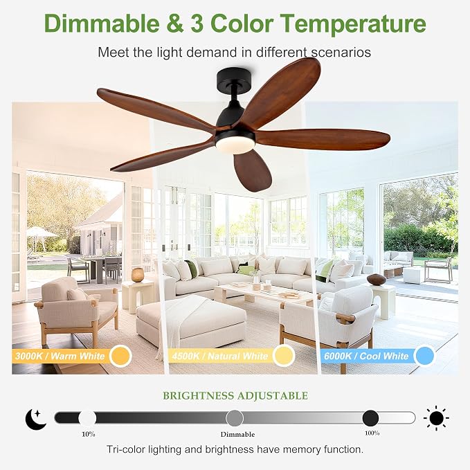 52 Inch Solid Wood Ceiling Fans With Lights, Remote Control, Dimmable, Reversible, Wood Blades, Power-Off Memory, Quiet DC Motor, Indoor/Oudoor Ceiling Fan with Light for Patio