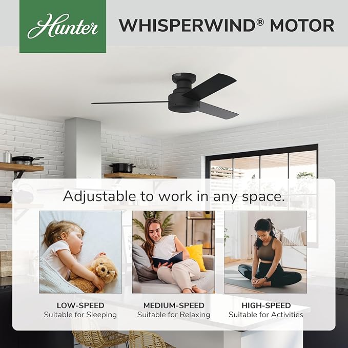 Hunter Presto, Indoor, Ceiling Fan, Wall Control, 52 inch, Matte Black | Flush-mount housing fits rooms under 9 ft; SureSpeed high velocity airflow and no-light design suit bedrooms or offices.
