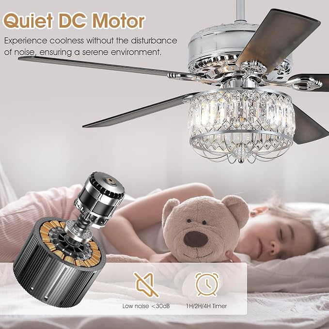 Kviflon Farmhouse Crystal Ceiling Fans with Lights and Remote, 52 Inch Chandelier Ceiling Fans, Chrome Fandelier Ceiling Fan for Bedroom Living Room, Quiet DC Motor, Reversible, Bulb not Included