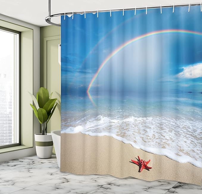 Ambesonne Starfish Shower Curtain, Rainbow Over The Sea Clouds and Clear Sky Foamy Ocean Waves on The Sandy Beach, Cloth Fabric Bathroom Decor Set with Hooks, 69" W x 70" L, Azure Blue Tan