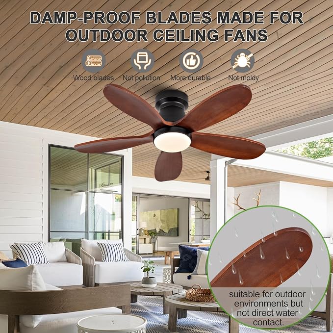 Ceiling Fans with Lights, 36 Inch Low Profile Ceiling Fan with Light and Remote Control, Flush Mount, Reversible, 3CCT, Dimmable, Quiet, Black Small Ceiling Fan for Bedroom Indoor/Outdoor Use