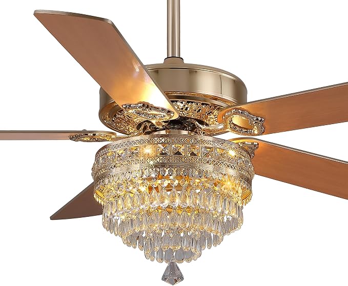 GJeg Crystal Ceiling Fan Fandelier with Lights - Retro Outdoor Fans with Remote Control, Farmhouse Ceiling Fan with Noiseless AC Reversible Motor,Dining Room,Living Room(52" Gold)