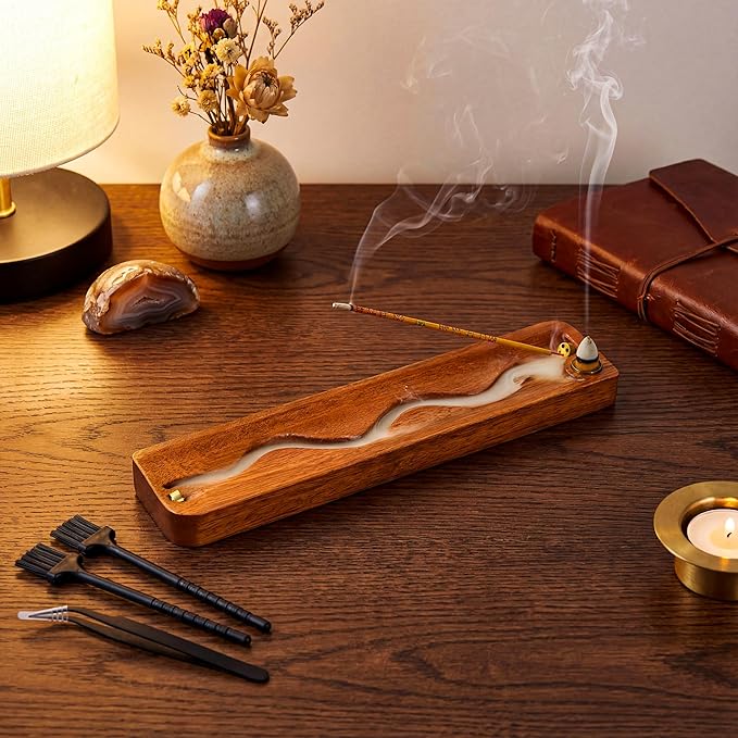 2 in 1 Wooden Incense Holder Sticks with Backflow Incense Cone Burner,Multi-Hole Fits All Thicknesses Sticks,for Meditation Yoga Home Gift
