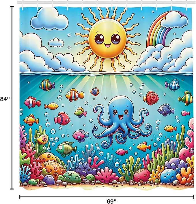 Ambesonne Ocean Shower Curtain, Nautical Happy Sun Octopus and Fish Characters with Cloudy Sea Scenery, Cloth Fabric Bathroom Decor Set with Hooks, 69" W x 84" L, Mustard Blue Multicolor