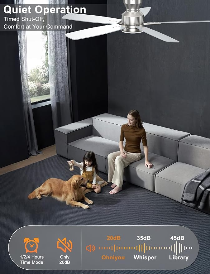 Ohniyou Ceiling Fans with Lights, 52'' Low Profile Ceiling Fan with Light and Remote/APP Control, Modern Flush Mount Ceiling Fan for Indoor Bedroom Living Room, Dimmable, Quiet DC Motor, Silver