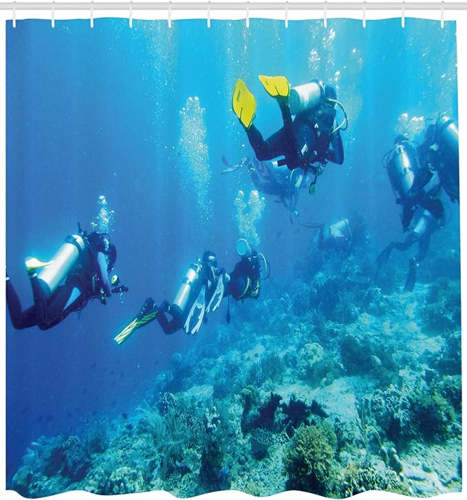 Ambesonne Ocean Shower Curtain, Scuba Diver in Ocean with Stones Rocks Fish Moss and Bubbles Art Photo, Cloth Fabric Bathroom Decor Set with Hooks, 69" W x 70" L, Sky Blue