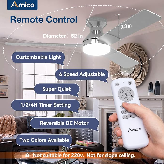Amico Ceiling Fans with Lights, 52 inch Low Profile Ceiling fan with Light and Remote Control, Flush Mount, Reversible, 3CCT, Dimmable, Noiseless, Nickel Ceiling Fan for Bedroom, Indoor/Outdoor Use