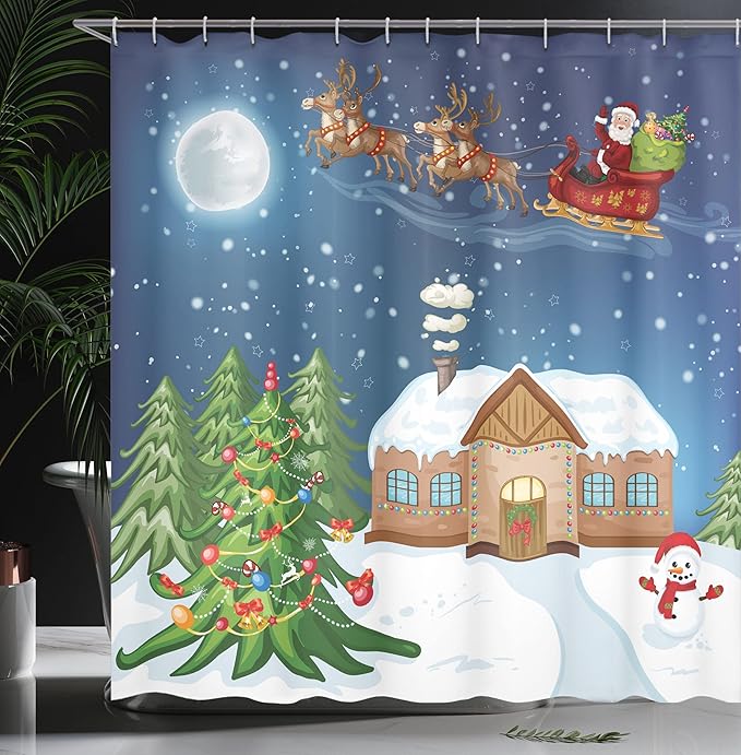 Ambesonne Christmas Shower Curtain, Classical Xmas Scenery Santa Delivering Presents Rudolf The Red Nosed Reindeer, Cloth Fabric Bathroom Decor Set with Hooks, 69" W x 70" L, Slate Blue