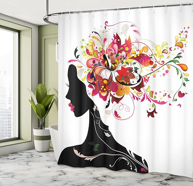 Ambesonne Modern Shower Curtain, Modern Futuristic Design with Nature Harmony Woman Theme Artwork Image, Cloth Fabric Bathroom Decor Set with Hooks, 69" W x 84" L, Pink Black