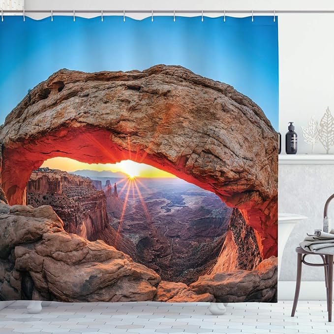 Ambesonne USA Shower Curtain, Famous Sunrise at Mesa Arch in Canyonlands National Park, Utah, USA, Cloth Fabric Bathroom Decor Set with Hooks, 69" W x 70" L, Pale Brown Sky Blue
